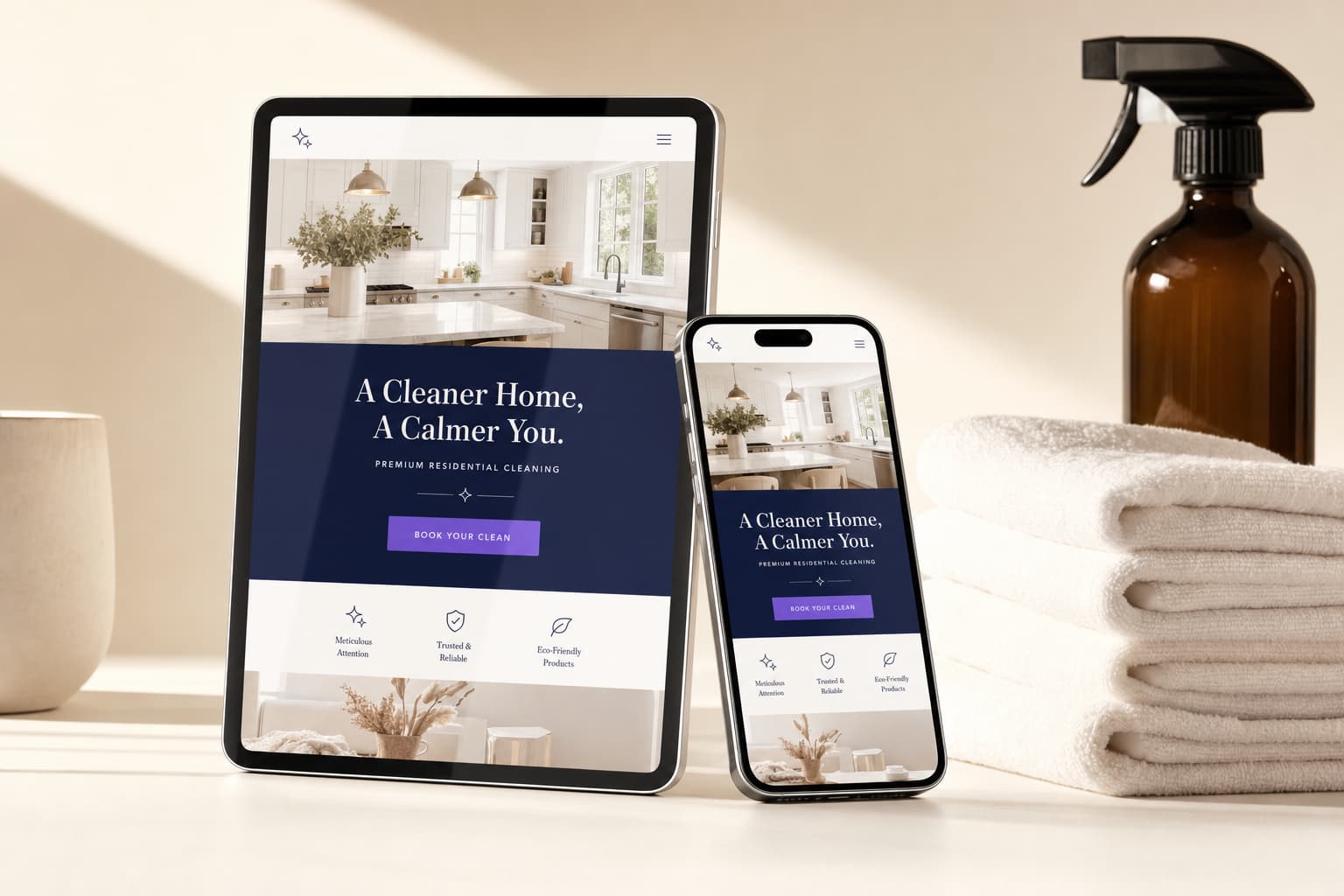 Website concept for a local cleaning company, shown on a tablet and phone